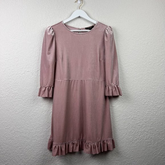 NWT FOREVER 21 Womens L Blush Pink Ruffle Hem 3/4 Sleeve Button Back Dress - Picture 2 of 12